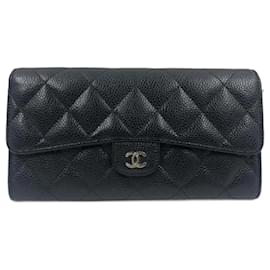 Chanel-Portafoglio lungo matelassé classico senza tempo in pelle caviar Chanel-Nero,Blu