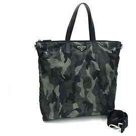 Bolsa tote de nylon e couro preto caqui Prada VA0906 Preto Caqui