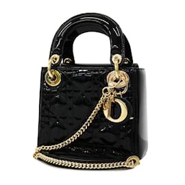 Christian Dior-Borsa a mano in smalto Cannage Christian Dior nera con hardware in oro champagne-Nero