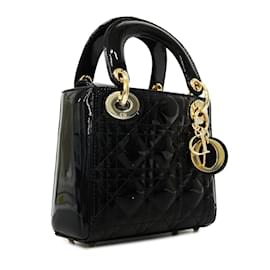 Christian Dior-Borsa a mano in smalto Cannage Christian Dior nera con hardware in oro champagne-Nero