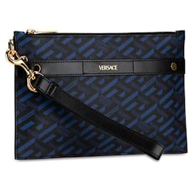 Versace-Versace La Greca Clutch Bag - Blue and Black PVC Leather for Men-Black,Blue