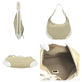 Fendi-Fendi Zucchino Canvas Leather Shoulder Bag-White,Beige