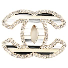 Chanel-Broche en strass à rayures Chanel Coco Mark-Noir,Doré,Blanc cassé