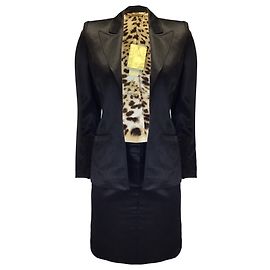 Roberto Cavalli Black / Tan Leopard Print Lined Satin Jacket and Skirt Set Black