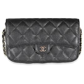 Chanel-Chanel Black Quilted Caviar Flap Phone Handbag With Chain-Black