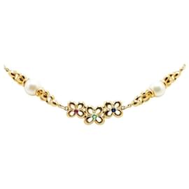 Autre Marque-K18YG Yellow Gold Akoya Pearl 7mm Emerald Ruby Sapphire Flower Necklace in Great Condition-Other