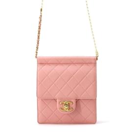 Chanel-Bolsa de ombro em couro de cordeiro rosa Chanel com corrente-Rosa