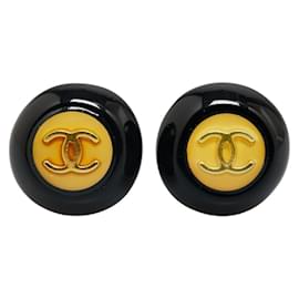 Chanel-Chanel Coco Mark Button Motif Clip Earrings-Black,Golden