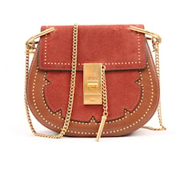 Chloé-Chloe Suede Smooth Calfskin Studded Mini Drew Crossbody Bag in Red and Brown-Brown