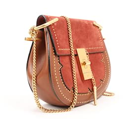 Chloé-Chloe Suede Smooth Calfskin Studded Mini Drew Crossbody Bag in Red and Brown-Brown