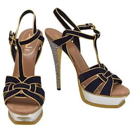 Saint Laurent-Yves Saint Laurent YSL Blue Tribute suede gold leather sz 41 sandals platform-Blue