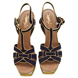 Saint Laurent-Yves Saint Laurent YSL Blue Tribute suede gold leather sz 41 sandals platform-Blue