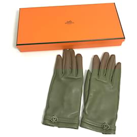 Hermès-Hermes Gray Leather Warm Gloves-Brown