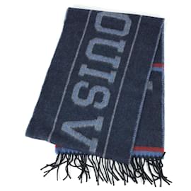 Louis Vuitton-Louis Vuitton Navy Red Logo Fringe Scarf-Navy blue