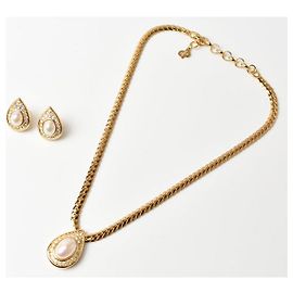 Conjunto de colar/brincos vintage Christian Dior com strass e pérolas falsas Dourado