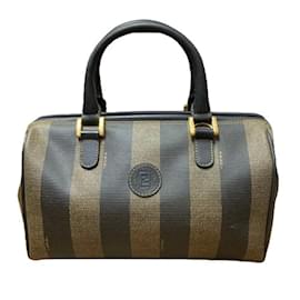 Fendi-Sac à main vintage Fendi Pequin-Noir,Kaki