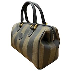Fendi-Sac à main vintage Fendi Pequin-Noir,Kaki