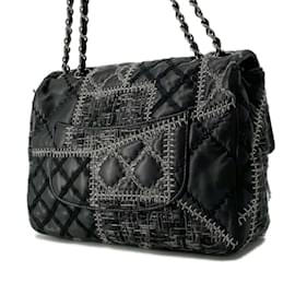 Chanel-Bolso de hombro Chanel con cadena en tweed negro y gris-Castaño,Negro