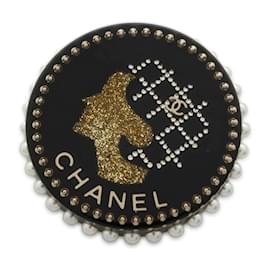 Chanel-Broche Chanel Marca Coco com Strass-Preto