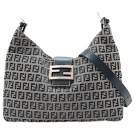 Fendi-Fendi Zucchino FF Hardware Leather Canvas Shoulder Bag-Navy blue