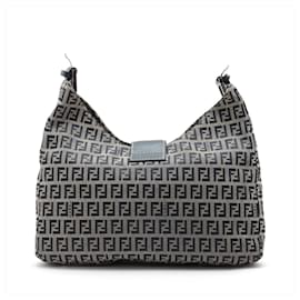Fendi-Fendi Zucchino FF Hardware Leather Canvas Shoulder Bag-Navy blue