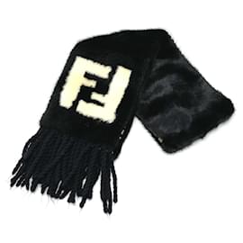 Fendi-Fendi FF Zucca Fur Fringe Scarf-Black