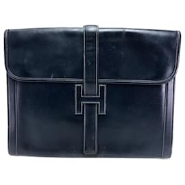 Hermès-Hermes Navy Leather Clutch Bag-Navy blue
