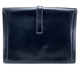Hermès-Hermes Navy Leather Clutch Bag-Navy blue
