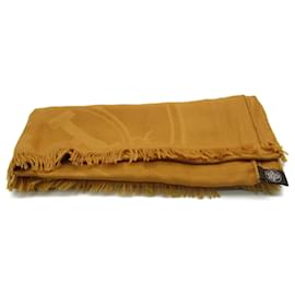 Hermès-Hermes New Libris Brown Mustard Cashmere Silk Scarf-Brown