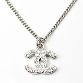 Chanel-Chanel Silver and White Rhinestone Pendant Necklace-Silvery,White