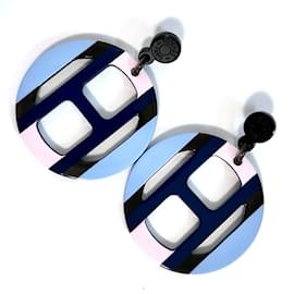 Hermès-Hermes H Equipe Buffalo Horn Earrings-Blue,Purple