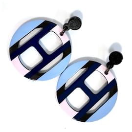 Hermès-Hermes H Equipe Buffalo Horn Earrings-Blue,Purple