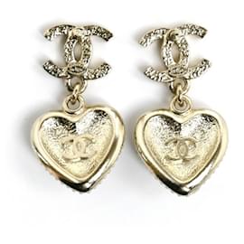 Chanel-Chanel Metal Heart Rhinestone Earrings-Golden