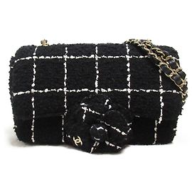 Borsa a Spalla Chanel Mini Matelassé Tweed Camelia Nero
