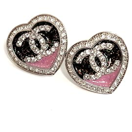 Chanel-Chanel Coco Mark Heart-Shaped Stud Earrings-Black,Silvery,Pink