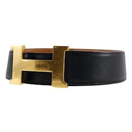 Hermès-Hermes H Belt in Black Calfskin-Black