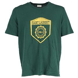 Camiseta de algodão verde com estampa de brasão Saint Laurent Verde