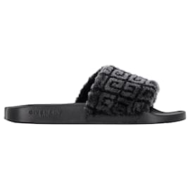 Givenchy-Givenchy Logo-Print Shearling Slides in Black Rubber -Black