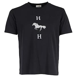 Hermès-Hermès Logo Horse Print Tee in Black Cotton-Black