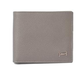 Tod's-Tod's Men's Leather Bifold Wallet Double T Metal Logo Gray-Grey