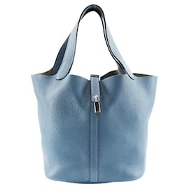 Hermès-Sac à épaule en cuir Hermes Clemence Picotin Lock MM 060991CK en très bon état-Bleu