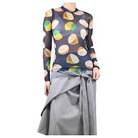 JW Anderson-Dark blue lemon printed mesh jersey top - size M-Blue