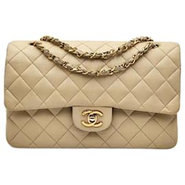 Chanel-Chanel Clásico Atemporal Acolchado Mediano Doble Solapa-Beige