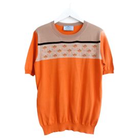 Prada Spring 2014 Orange Silk & Wool Floral Intarsia Fine Knit Sweater Top Orange