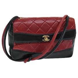 Chanel-CHANEL Matelassé Sac à épaule à fermoir tournant en cuir d'agneau noir rouge CC Auth yk13361-Noir,Rouge