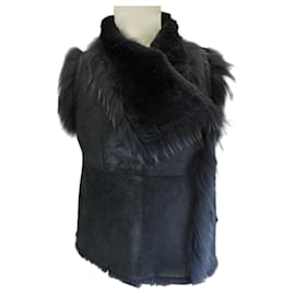 Yves Salomon-Yves Salomon Midnight Rabbit Fur Lined Leather Vest-Navy blue