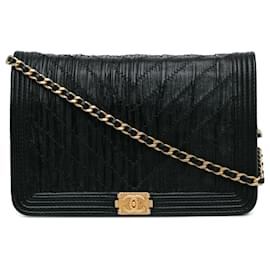 Chanel-Chanel Black Pleated Crumpled Chevron Le Boy Wallet On Chain-Black