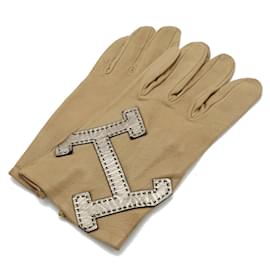 Hermès-Hermes H Gloves in Lambskin Leather-Beige,Golden