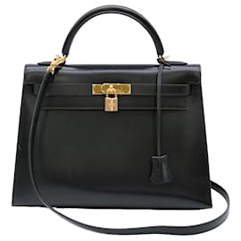 Hermès-Hermes Kelly 32 Handbag in Black Box Calf Leather-Black