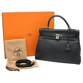 Hermès-Hermes Kelly 32 Handbag in Black Taurillon Clemence Leather-Black